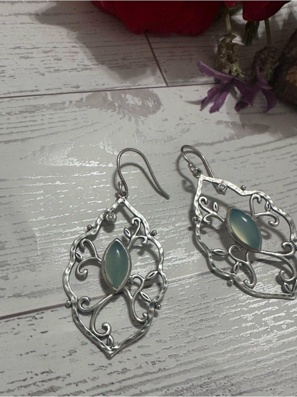 Silpada Sterling Silver”wandering ivy” 925 blue chalcedony  CZ Earrings